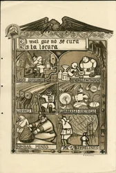 Illusztráció: Francisco Sancha Lengo (1874-1936) - Repülő levél, 1915 körül - A meg nem gyógyítható gonosz az őrület - 14-18-as háború, Németország Poroszország, Asphixiant gáz, spanyol nyelv, Külföldi sajtó