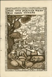 Illusztráció: Francisco Sancha Lengo (1874-1936) - Repülő levél, kb. 1915 - Többet ér egy madár a kézben, mint száz repülő - 14-18-as háború, Németország Poroszország, Hadviselők és szimbólumok, Győzelem, Béke, Spanyol nyelv, Külföldi sajtó