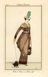 Kávészínű szatén kosárruhás nő kutyával, Tommaso Antongini Journal des Dames et des Modes, Aux Bureaux du Journal des Dames, Párizs metszetéből