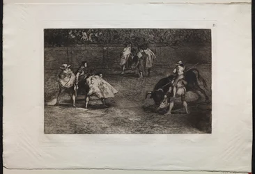 Bikaviadalok: A bikaviadal egy asszisztens vállára ült, bikát lándzsáz, 1876.