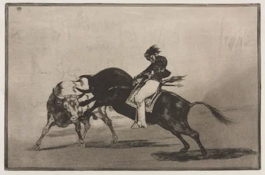 Bikaviadalok: Ugyanaz a Ceballos egy másik bikára szerelve rövid lándzsát tör a ringben, 1876.
