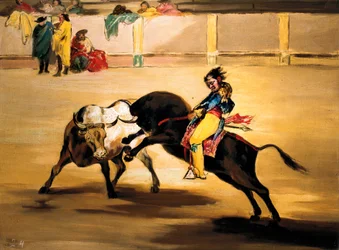 Mariano Ceballos „az indiánnak” nevezett bika hátán töri csukáját Madrid arénájában, kb. 1810 (festmény)