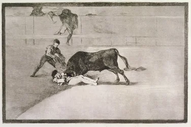Pepe Hillo (José Delgado) szerencsétlen halála a madridi arénában 1801. május 11-én, „A bikaviadal művészete” 33. táblája, kiadva 1816-ban