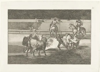 Bullfighter találkozott brandende banderillas tűzsávok Bikaviadal (sorozat címe) Stierenvechten (sorozat címe)