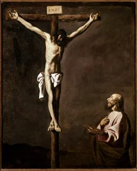 Keresztrefeszítés és festő A művész önarcképe Szent Lukács szerepében a kereszt tövében. Francisco de Zurbaran (1598-1664) festménye 1635-1640 Dim. 105x84 cm Madrid, Prado Múzeum