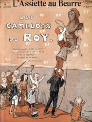 Gyerekek detronizálnak egy Mária mellszobrot azzal, hogy ironikus dalt énekelnek a királypárti harccsoport javára. Illusztráció: Francisque Poulbot (1879-1946) A "vajas tányérban", a 27/03/1909.