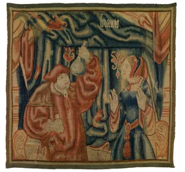 század elején készült gobelintöredék, amely egy belsőt ábrázol orvossal és nővel, Beaute, francia vagy flamand, 16. század elején (gyapjú)