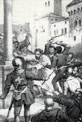VI. Rajmund, Toulouse grófjának vezeklése - 1209. 06. 22-én VI. Rajmundot, Toulouse grófját III. Ince pápa kiközösíti (Milon, a pápa legátusa), mert nem üldözte a katarokat, Pierre de Castelnau meggyilkolásának felbujtójával vádolják, made hon