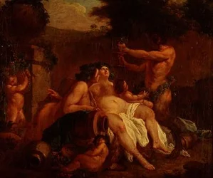 Bacchus mulatság egy kőurna mellett a Dellben