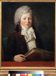 Egy fiatal férfi portréja, aki egy mappa rajzokkal. Francois Andre Vincent (1746-1816) festménye. Olaj, vászon, 73 x 59 cm