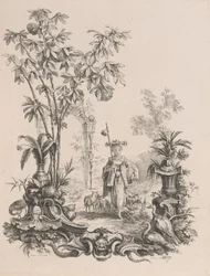 Fiatal kínai lány sétál, birkáival körülvéve, kb.1740-50.