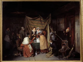 Egy Sibylle jó kalandot mond a fiatal férfiaknak Francois Auguste Biard (1799-1882) festménye, 1827 Lyon, Musee des Beaux Arts