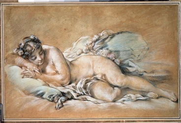 ""fiatal alvó nő"" (Alvó fiatal nő) Szangvinikus és pasztell, Francois Boucher (1703-1770) 1758 Puskin Múzeum, Moszkva