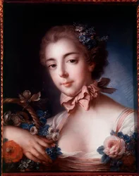 Egy virágkosárra támaszkodó fiatal nő portréja. Francois Boucher pasztellfestménye (1703-1770)