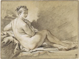 Női akt tanulmány - François Boucher (1703-1770). Vöröskréta, fekete és fehér kréta papíron