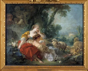 A Barátság Iskolája jelenet bucolique: két pásztor és a csorda. Francois Boucher (1703-1770) festménye 1760 Karlsruhe. Staatliche Kunsthalle