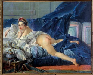 Az odaliszk fiatal nő egy kanapén ül. Francois Boucher (1703-1770) festménye 1752 Reims Musee des Beaux Arts