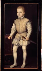 IV. Navarrai Henrik (1553-1610) portréja, aki 4 éves volt, párizsi tartózkodása alatt szüleivel 1557-ben, majd Navarra hercege II. Francois Bunel festménye (körülbelül 1552-1599 előtt). 1557. Dim. 1,25x0,64 m. Versailles, Versaille kastélyai