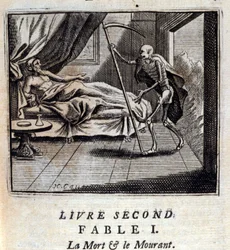 Halál és haldoklás. Jean de La Fontaine (1621-95) meséi. Illusztráció: Francois Chauveau (1613-1676). 1728-as kiadás.