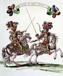 Indiai Ecuyer és oldal a körhinta során, amelyet XIV. Lajos király (1638-1715) adott 1662-ben a Tuileriáknak, hogy megünnepeljék a Dauphin születését. Francois Chauveau (1613-1676) metsze 17. századi magángyűjtemény