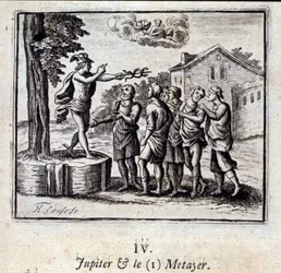Jupiter és a Metayer. Jean de La Fontaine (1621-95) meséi. Illusztráció: Francois Chauveau (1613-1676). 1728-as kiadás.