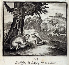 A sas, az emse és a nőstény macska. Jean de La Fontaine (1621-95) meséi. François Chauveau (1613-1676) illusztrációja. 1728-as kiadás.