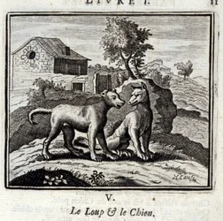 A farkas és a kutya. Jean de La Fontaine (1621-95) meséi. Illusztráció: Francois Chauveau (1613-1676). 1728-as kiadás.