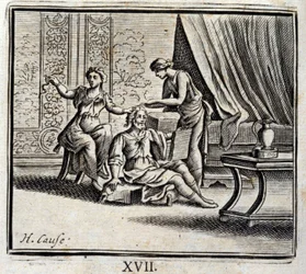 Két év közötti férfi és két úrnője. Jean de La Fontaine (1621-95) meséi. Illusztráció: Francois Chauveau (1613-1676). 1728-as kiadás.
