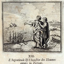 Az emberek hálátlansága és igazságtalansága a szerencsével szemben. Jean de La Fontaine (1621-95) meséi. Illusztráció: François Chauveau (1613-1676). 1728-as kiadás.