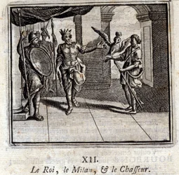 Milan, a király és a vadász. Jean de La Fontaine (1621-95) meséi. Illusztráció: François Chauveau (1613-1676). 1728-as kiadás.