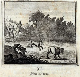 Semmi túl sok. Jean de La Fontaine (1621-95) meséi. Illusztráció: Francois Chauveau (1613-1676). 1728-as kiadás.