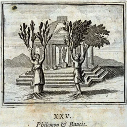 Philémón és Baukisz. Jean de La Fontaine (1621-95) meséi. François Chauveau (1613-1676) illusztrációja. 1728-as kiadás.
