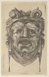 Szatír maszk felgöndörödött szarvakkal, lombos szemöldökkel és álla alatt lógó kendővel, kb. 1635-45.