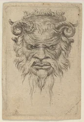 Szatír maszk hullámos szarvakkal lefelé nézve, a Divers Masques-tól, kb. 1635-45.