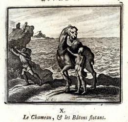 A teve és az úszó botok. Jean de La Fontaine (1621-95) meséi. Illusztráció: François Chauveau (1613-1676). 1728-as kiadás.