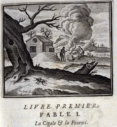 A tücsök és a hangya. Jean de La Fontaine (1621-95) meséi. François Chauveau (1613-1676) illusztrációja. 1728-as kiadás.