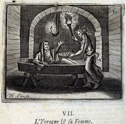 A részeg és a felesége. Jean de La Fontaine (1621-95) meséi. Illusztráció: François Chauveau (1613-1676). 1728-as kiadás.
