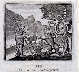 Az oroszlán háborúba indul. Jean de La Fontaine (1621-95) meséi. Illusztráció: Francois Chauveau (1613-1676). 1728-as kiadás.