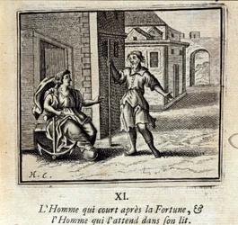 A Férfi, aki a Szerencse után fut, és a Férfi, aki az ágyban várja őt. Jean de La Fontaine (1621-95) meséi. Illusztráció: François Chauveau (1613-1676). 1728-as kiadás.