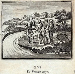 A Noyee Woman. Jean de La Fontaine (1621-95) meséi. Illusztráció: François Chauveau (1613-1676). 1728-as kiadás.