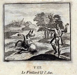 Az öregember és a szamár. Jean de La Fontaine (1621-95) meséi. Illusztráció: François Chauveau (1613-1676). 1728-as kiadás.