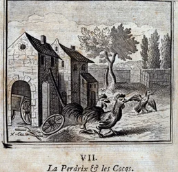 A fogoly és a kakasok. Jean de La Fontaine (1621-95) meséi. François Chauveau (1613-1676) illusztrációja. 1728-as kiadás.