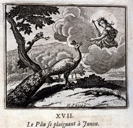 A páva Junónál panaszkodik. Jean de La Fontaine (1621-95) meséi. François Chauveau (1613-1676) illusztrációja. 1728-as kiadás.