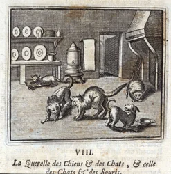 A Kutyák és Macskák Querelle, valamint a Macskák és Egerek Querelle. Jean de La Fontaine (1621-95) meséi. Illusztráció: François Chauveau (1613-1676). 1728-as kiadás.