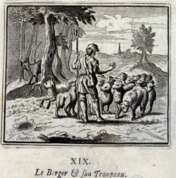 A pásztor és a nyája. Jean de La Fontaine (1621-95) meséi. Illusztráció: François Chauveau (1613-1676). 1728-as kiadás.