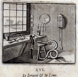 A kígyó és a mész. Jean de La Fontaine (1621-95) meséi. Illusztráció: Francois Chauveau (1613-1676). 1728-as kiadás.
