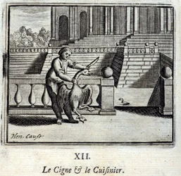 A hattyú és a szakács. Jean de La Fontaine (1621-95) meséi. Illusztráció: Francois Chauveau (1613-1676). 1728-as kiadás.
