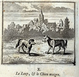 A farkas és a sovány kutya. Jean de La Fontaine (1621-95) meséi. Illusztráció: François Chauveau (1613-1676). 1728-as kiadás.