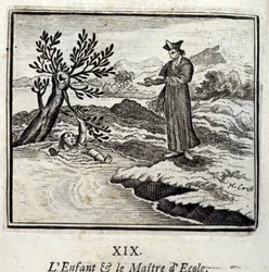 A gyerek és az iskolamester. Jean de La Fontaine (1621-95) meséi. Illusztráció: François Chauveau (1613-1676). 1728-as kiadás.