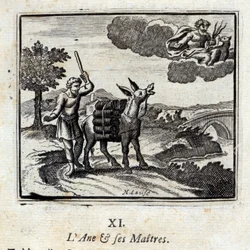A szamár és gazdái. Jean de La Fontaine (1621-95) meséi. Illusztráció: François Chauveau (1613-1676). 1728-as kiadás.